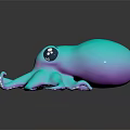 Cute Blue Purple Octopus with Big Eyes and Pink Cheeks on Dark Reflective Background