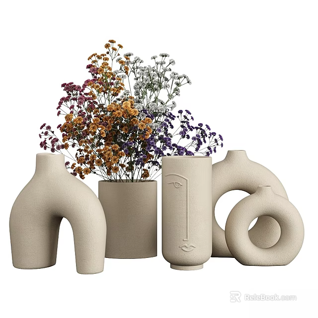Beige Vases With Various Shapes And Dried Flower Arrangement For Home Decor 3d model 