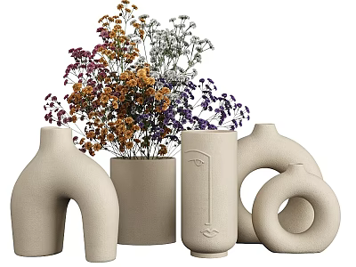 Beige Vases With Various Shapes And Dried Flower Arrangement For Home Decor 3d model