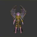 Woman With Purple Pink Wings In Ornate Outfit And Armor Elements Standing