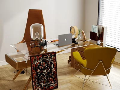 Modern Glass Top Office Desk With Yellow Chair Laptop Table Lamp And Decorative Rug 3d model