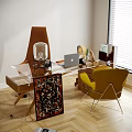 Modern Glass Top Office Desk With Yellow Chair Laptop Table Lamp And Decorative Rug