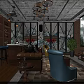 Vintage Industrial Chandelier in Cozy Living Room with Colorful Sofas and Wooden Shelves