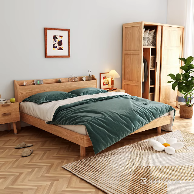 Wooden Double Bed With Green Quilt White Sheets Nightstand Lamp Wall Painting And Wardrobe 3d model 