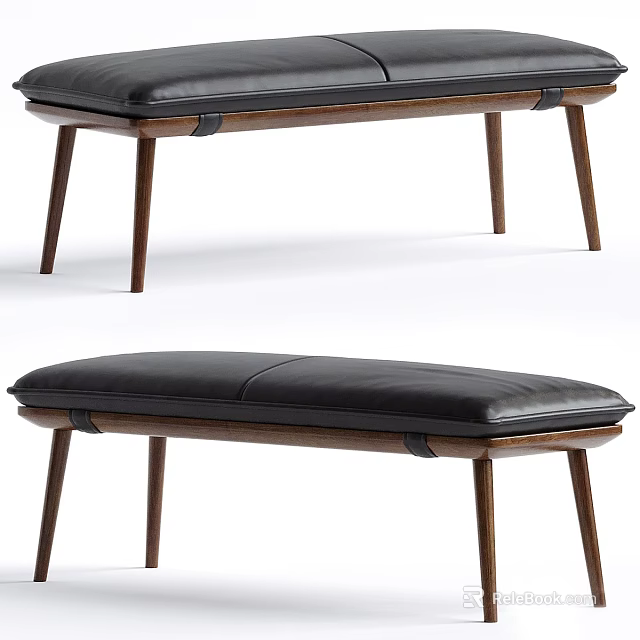 Modern Sleek Stool With Black Leather Seat And Sturdy Wooden Legs 3d model 