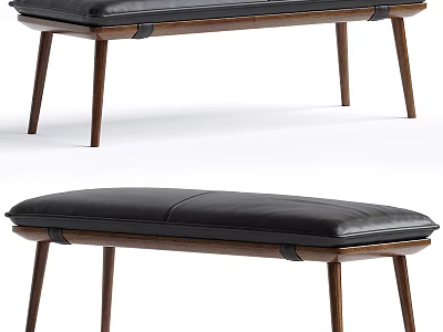 Modern Sleek Stool With Black Leather Seat And Sturdy Wooden Legs 3d model