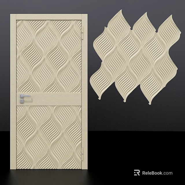 Cream Colored Swing Door Featuring Intricate Wavy Pattern Design Elements 3d model 