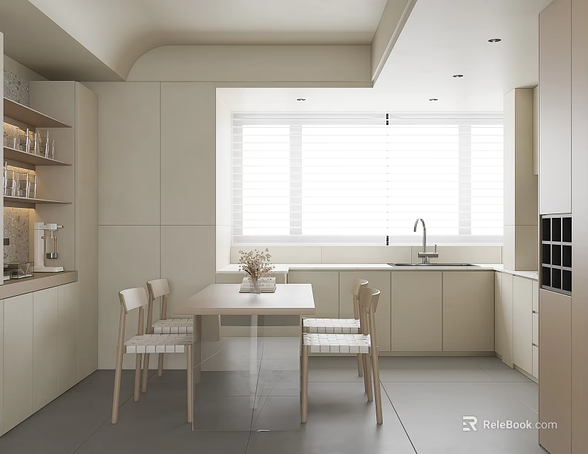 Modern Kitchen Interior With Beige Cabinets Dining Table Chairs And White Blinds 3d model 