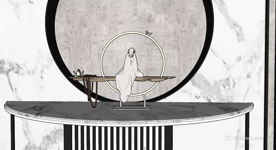 Minimalist Artistic Decorative Ornament Set With Circular Ring Structure And Figure Silhouette On Long Table 3d model 