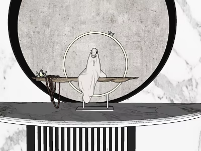 Minimalist Artistic Decorative Ornament Set With Circular Ring Structure And Figure Silhouette On Long Table 3d model