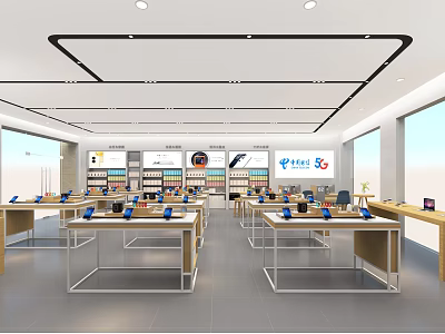Modern Digital Store Interior Featuring Display Tables Electronic Devices And 5G Signage 3d model