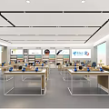 Modern Digital Store Interior Featuring Display Tables Electronic Devices And 5G Signage