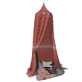 Red Fabric Camping Tent With Decorative Buttons And Open Entrance On Stone Ground