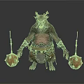 Man With Horns And Chubby Body In Leather Armor With Spiked Balls And Spears