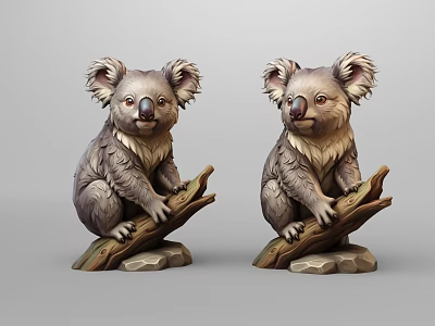 Realistic Two Koala Sculptures Perched On Wooden Branch With Rock Base 3d model