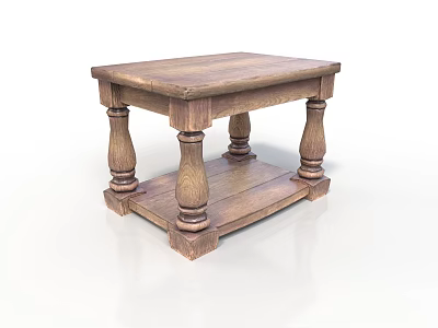 Solid Wooden Table With Carved Legs And Lower Shelf For Living Room Decor 3d model
