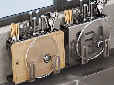 Wall Mounted Kitchen Utensils Organizer With Stainless Steel And Wooden Cutting Board 3d model