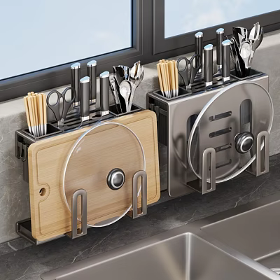 Wall Mounted Kitchen Utensils Organizer With Stainless Steel And Wooden Cutting Board 3d model