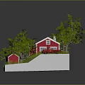 Miniature Model Scene With Red House Small Cabin Green Trees Wooden Steps And Pond