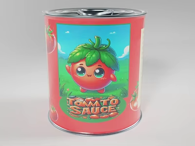 Vibrant Tomato Sauce Can With Cartoon Tomato Character And Green Field Design 3d model