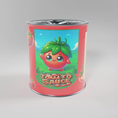 Vibrant Tomato Sauce Can With Cartoon Tomato Character And Green Field Design 3d model