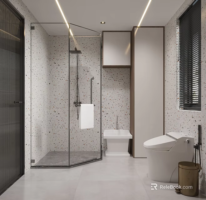 Modern Bathroom Interior With Glass Shower Enclosure Speckled Walls White Toilet And Vanity Sink 3d model 