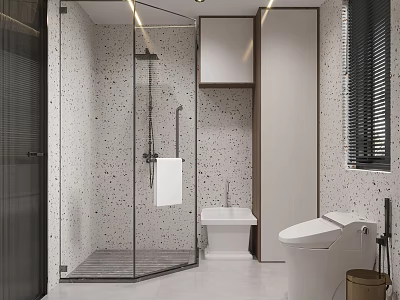Modern Bathroom Interior With Glass Shower Enclosure Speckled Walls White Toilet And Vanity Sink 3d model