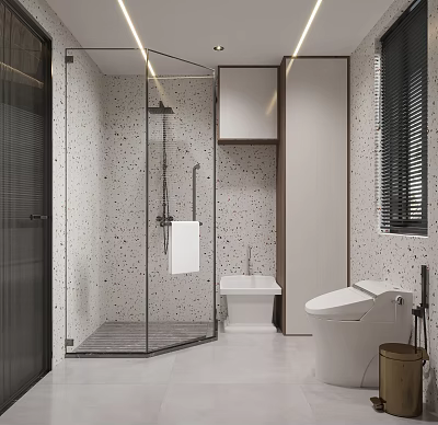 Modern Bathroom Interior With Glass Shower Enclosure Speckled Walls White Toilet And Vanity Sink 3d model