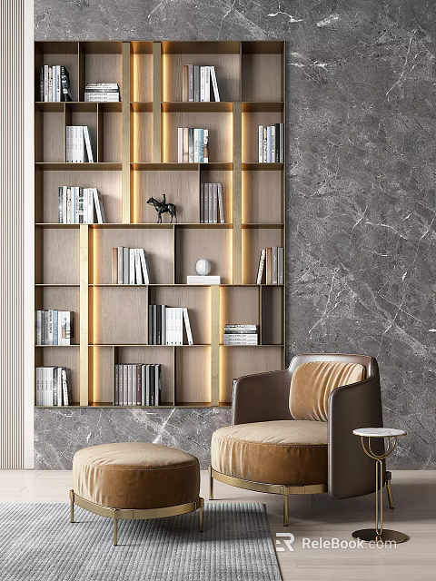 Comfortable Single Sofa In Modern Interior With Bookshelf And Marble Wall 3d model