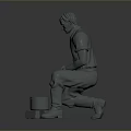 Male Sculpture Figure In Squatting Posture Holding Tool With Bucket And Lid