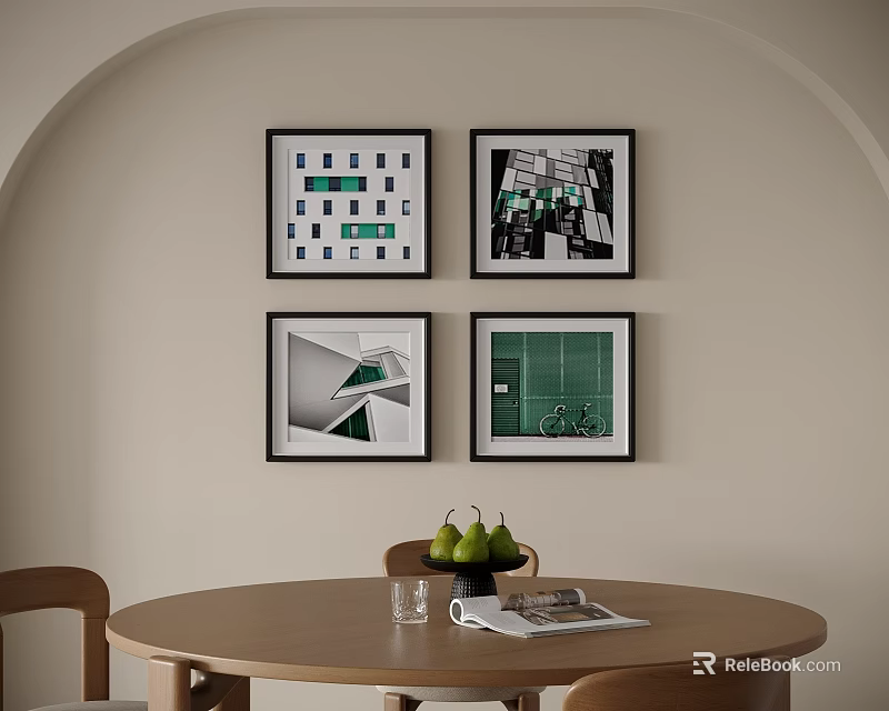 Framed Abstract Paintings With Geometric Patterns And Green Accents For Dining Wall Decor 3d model 