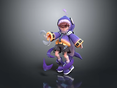 Cute Cartoon Game Character In Purple Outfit Holding Crescent Item With Octopus Tentacles 3d model