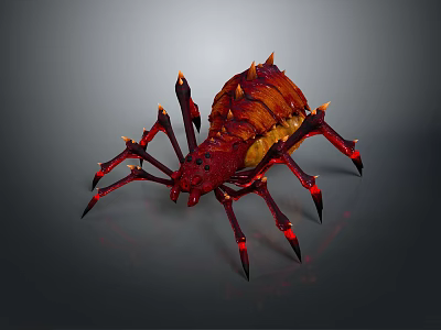 Red and Yellow Spider with Spiked Body and Multiple Legs Featuring Red Glowing Parts 3d model