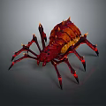 Red and Yellow Spider with Spiked Body and Multiple Legs Featuring Red Glowing Parts