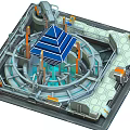 Cartoon Sci-Fi Scene Featuring Circular Structure Blue Pyramid Ring Track Hexagonal Floor and Orange Elements 3d model
