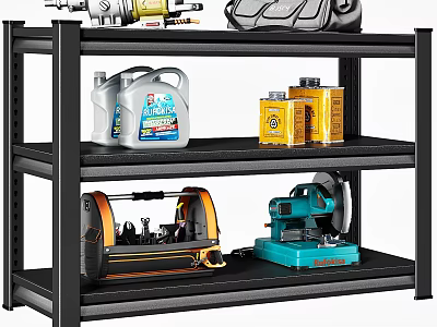 Black Metal Shelving Unit With Car Wash Supplies Power Tools And Storage 3d model