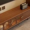 Modern Living Room TV Stand With Glass Doors Matching Tall Cabinet And Table Lamp
