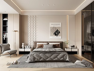 Modern Bedroom Interior Design With Large Bed Nightstands Accent Chair And Artwork Rug 3d model