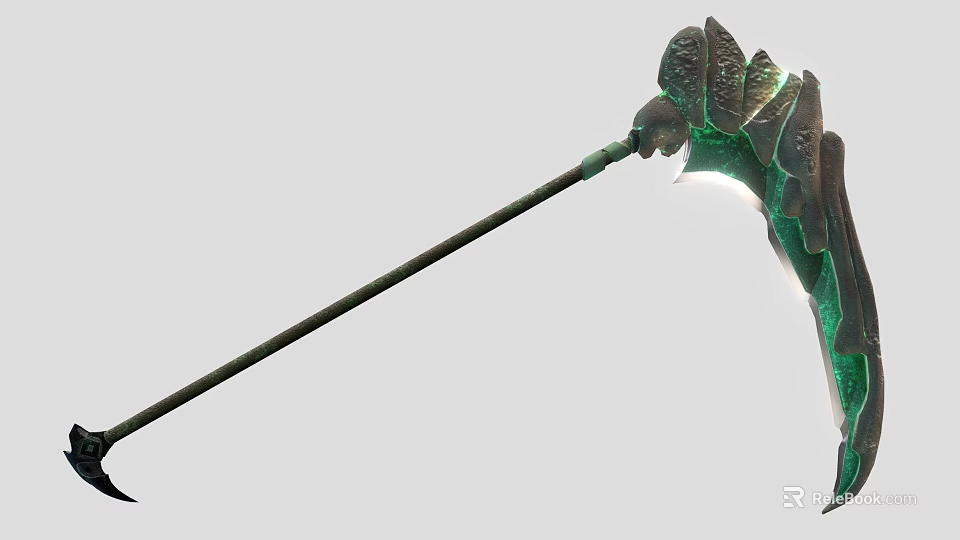 Green Metallic Scythe Weapon With Decorative Carvings And Long Handle 3d model 