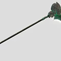 Green Metallic Scythe Weapon With Decorative Carvings And Long Handle