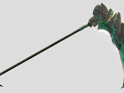 Green Metallic Scythe Weapon With Decorative Carvings And Long Handle 3d model