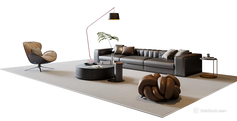 Modern Leather Sofa and Round Coffee Table Set with Floor Lamp Green Plant Sculpture Decor 3d model 