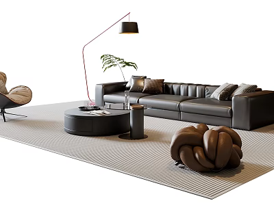 Modern Leather Sofa and Round Coffee Table Set with Floor Lamp Green Plant Sculpture Decor 3d model