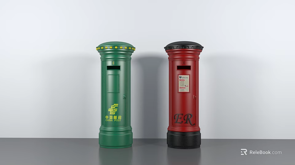 Public Facility Red And Green Post Boxes Featuring China Post And ER Logos 3d model 