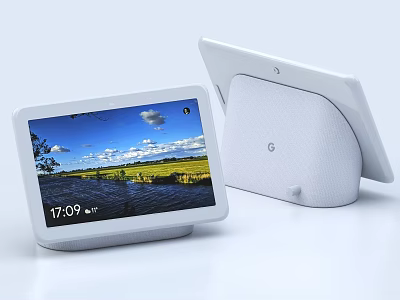 White Smart Display With Stand Design Showing Time Weather And Scenic Wallpaper 3d model