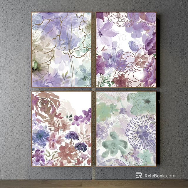 Watercolor Botanical Paintings Set With Purple Pink Green Floral Patterns Artworks 3d model 