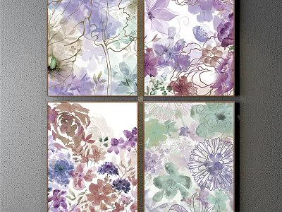 Watercolor Botanical Paintings Set With Purple Pink Green Floral Patterns Artworks 3d model