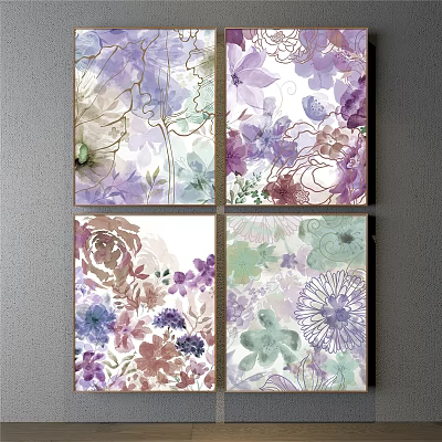 Watercolor Botanical Paintings Set With Purple Pink Green Floral Patterns Artworks 3d model