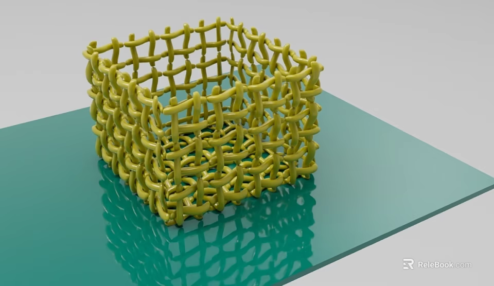 Modern Yellow Woven Square Decorative Ornament Set on Green Surface 3d model 