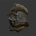 Futuristic Combat Helmet Design With Metal Frame Gold Accents And Breathing Tubes